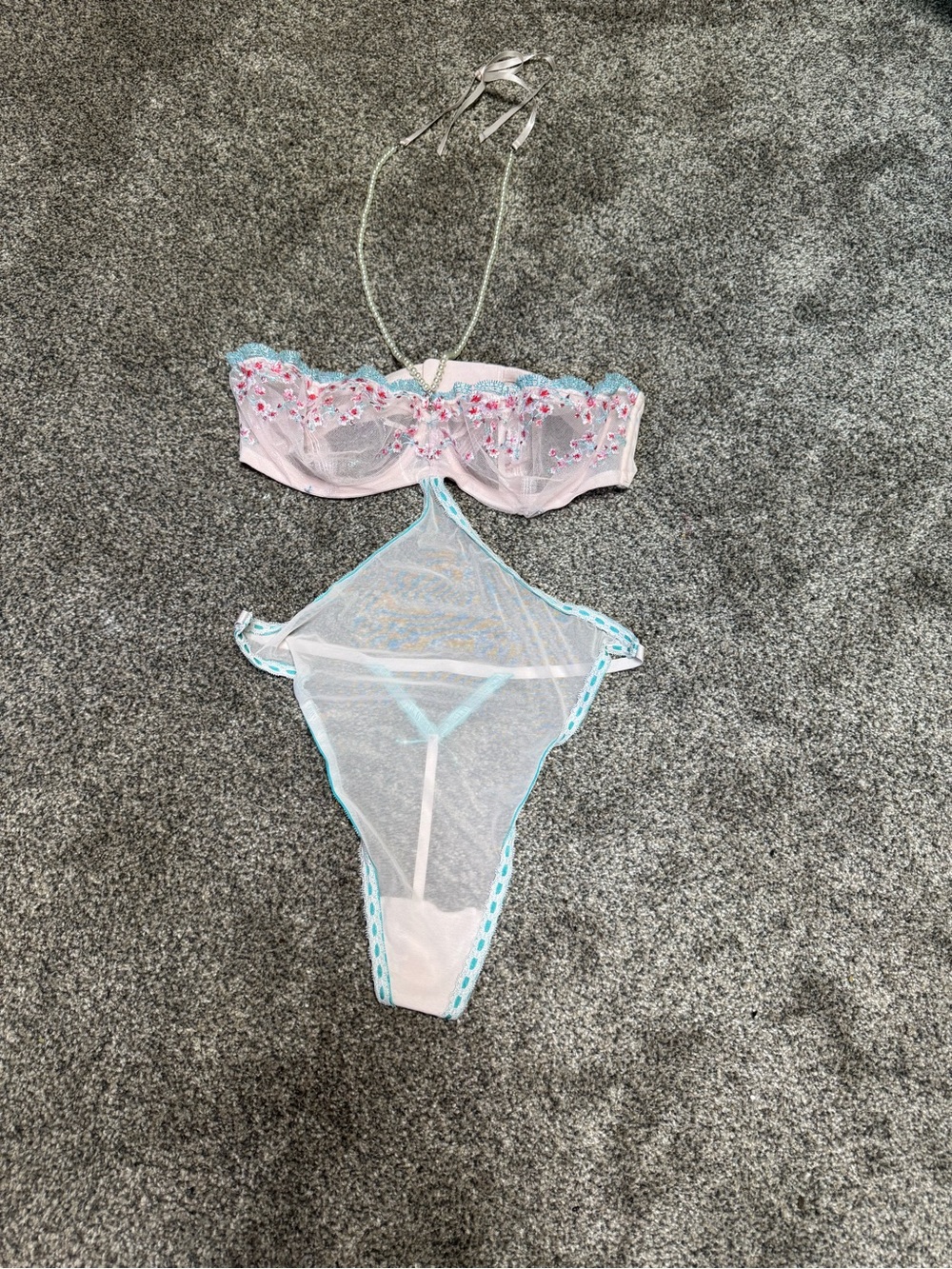 Victoria's Secret Pink & Aqua Sheer Lace Teddy